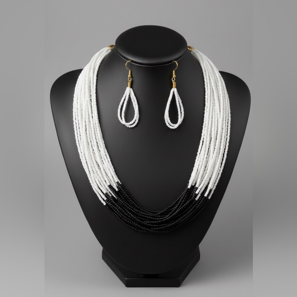 Handcrafted Monochrome Multi-Strand‎ Statement Set - Timeless Elegance